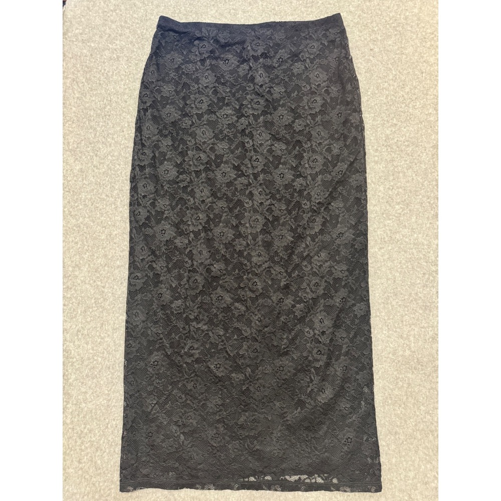 Vintage Y2K 90s Carole Little Black Floral Lace Maxi Skirt Back Slit Size L